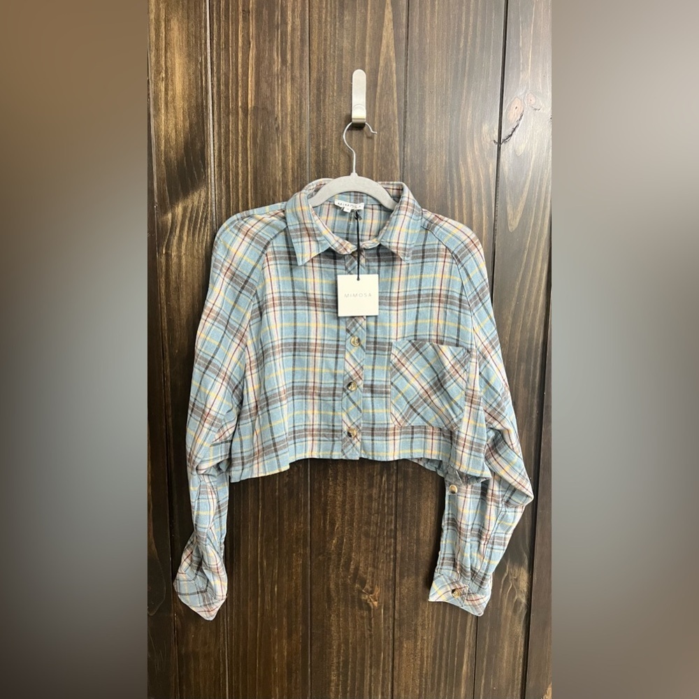Plaid Oversized Cropped Button-Down Shirt-NWT-Mimosa-Size: Small - Picture 2 of 6